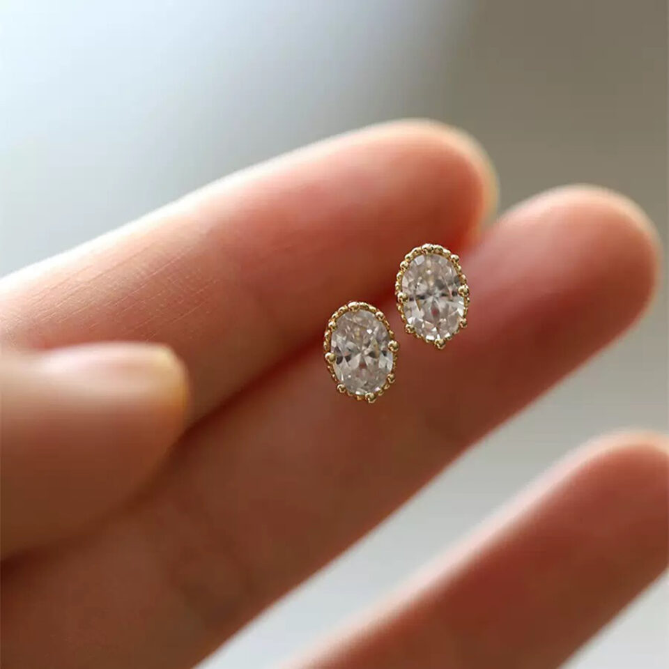 14K Gold Plated Sterling Silver Vintage Oval CZ Stud Earrings