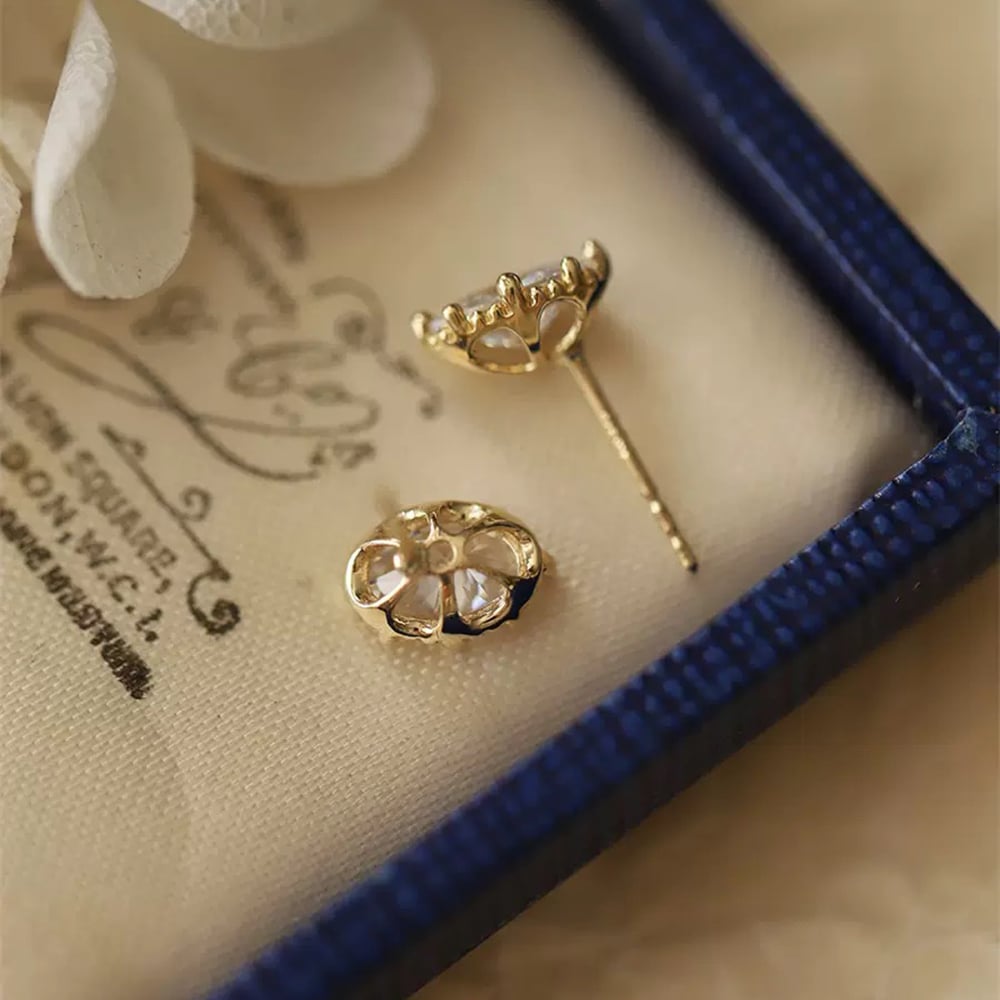 Vintage Oval CZ Stud Earrings, 14K Gold Plated Sterling Silver Retro Elliptical Design