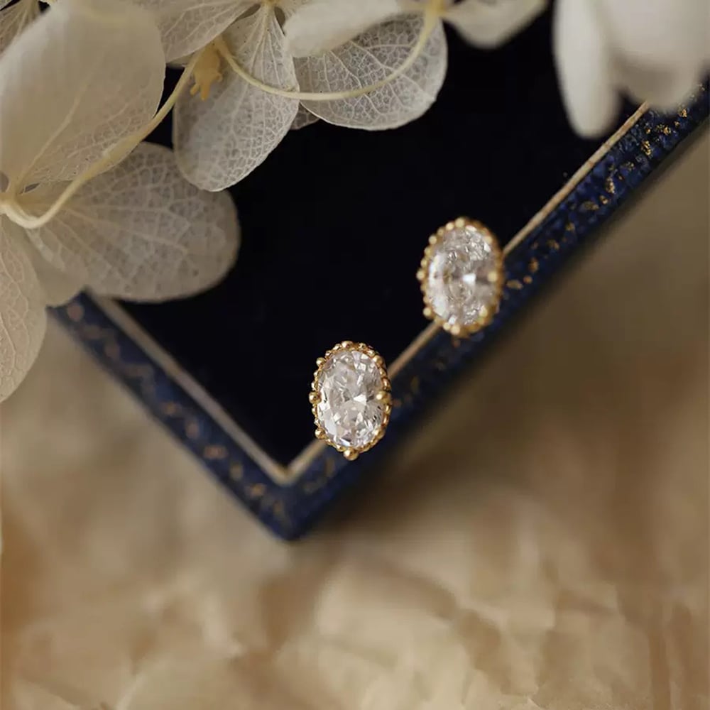Vintage Oval CZ Stud Earrings, 14K Gold Plated 925 Sterling Silver Retro Elliptical Design