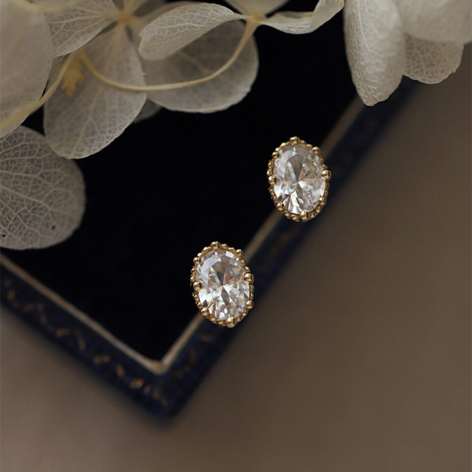 Vintage Oval CZ Stud Earrings, 14K Gold Plated 925 Sterling Silver Retro Elliptical Design Gentle Versatile Women's Hypoallergenic Ear Jewelry