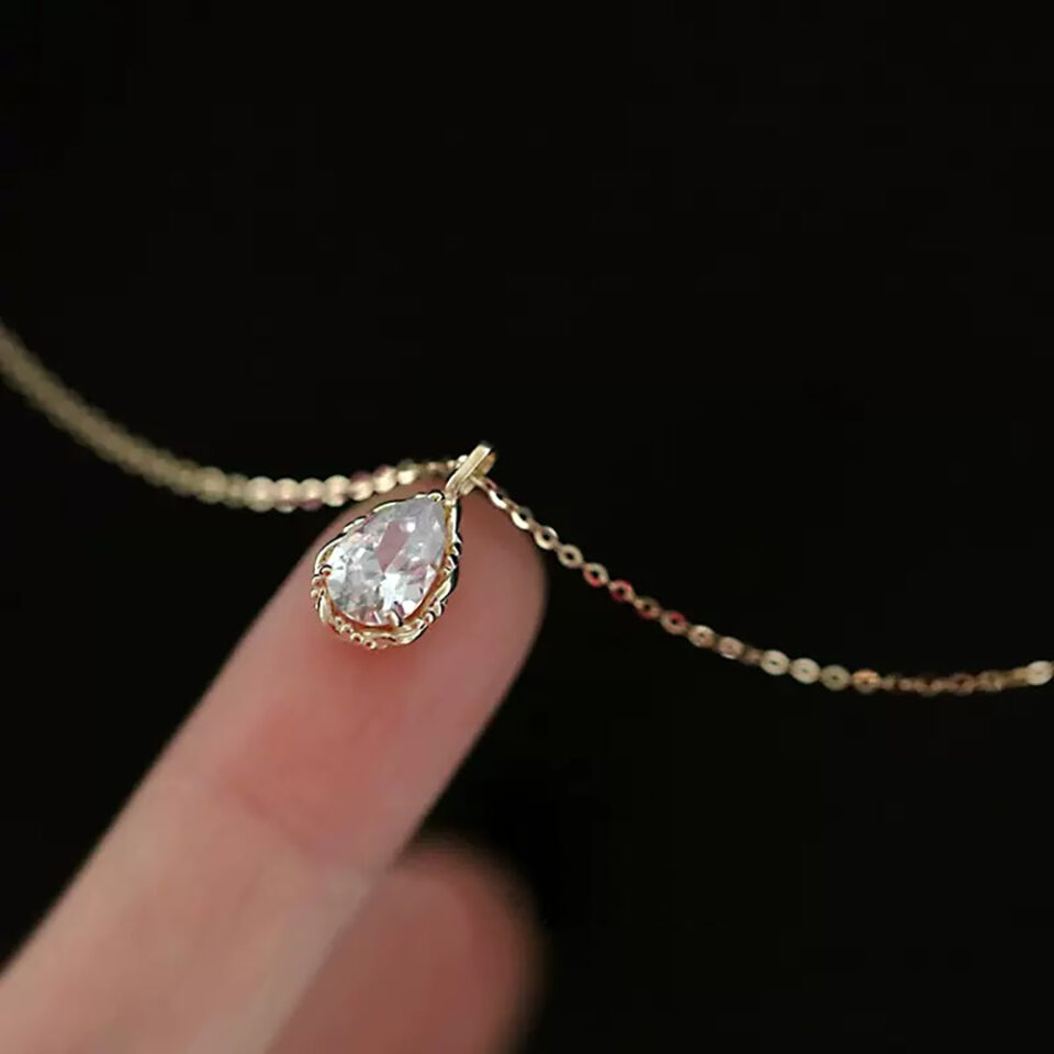 925 Sterling Silver 18K Gold Plated Vintage Teardrop Cubic Zirconia Pendant Necklace for Women, Dainty Lightweight Luxury Boho Jewelry Gift
