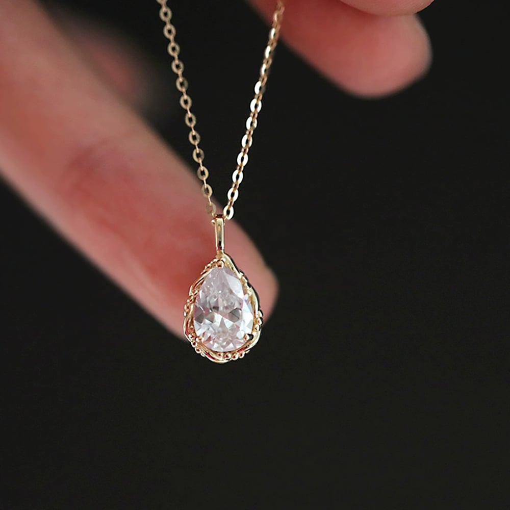 925 Sterling Silver 18K Gold Plated Vintage Teardrop CZ Pendant Necklace for Women